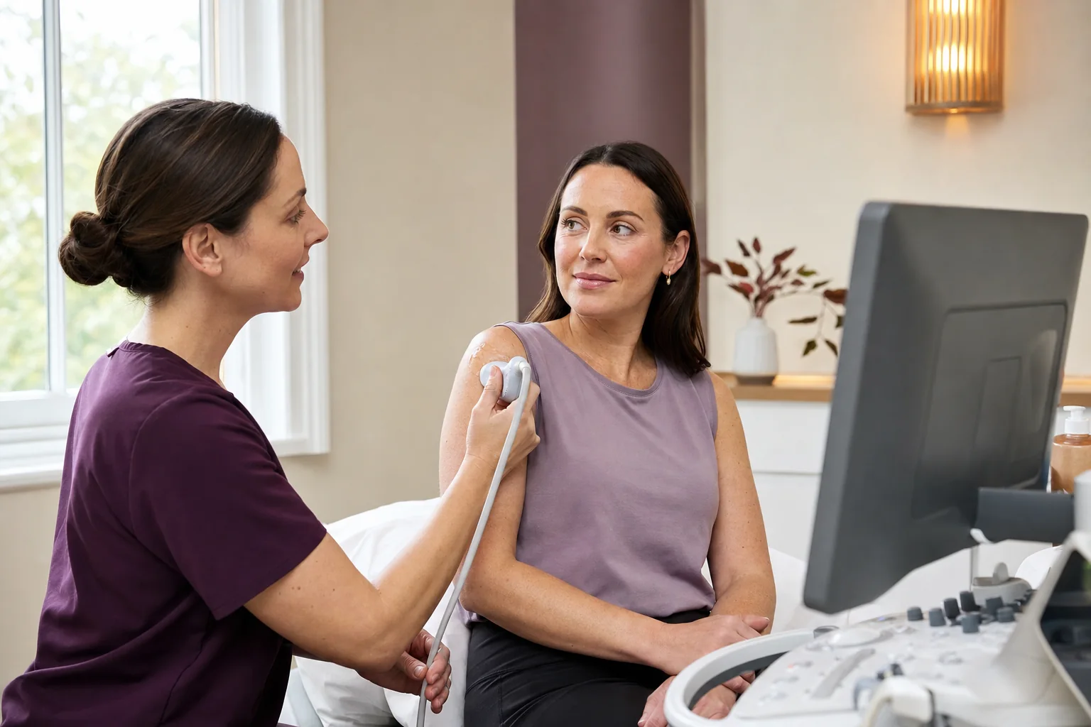 A clinician carrying out a musculoskeletal ultrasound on a shoulder